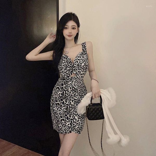 

casual dresses party dress v-neck leopard print spaghetti strap hollow out waist hole slim bodycon short club 2023 summer, Black;gray