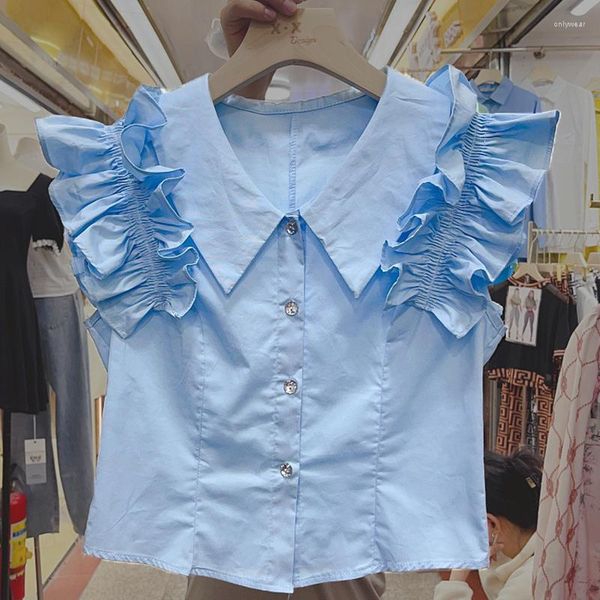 

Women's Blouses 2023 Summer Korean Women's Sweet Folds Flying Short Sleeve White Shirts Turn-Down Collar Single-Breasted Black Blue Tops