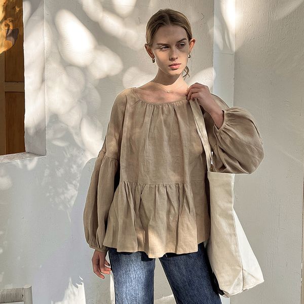 

women's t-shirt 100% linen retro women long sleeve t-shirt spring autumn ladies blouse casual loose lantern sleeve cotton and linen shi, White