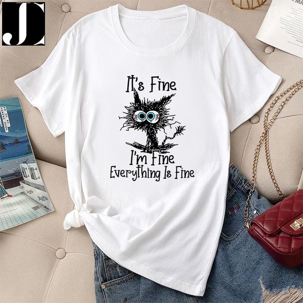 

t-shirt women casual fashion summer tshirt regular female graphic vintage short sleeve black cat letter print ladies round neck tee top, White