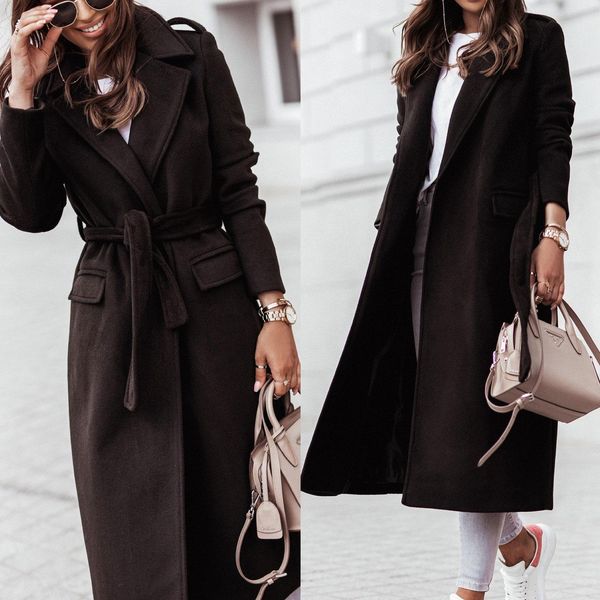 

leather women woolen coat belt long trench jacket loose outwear down solid warm autumn winter clothing elegant wool blend wrap coat, Black