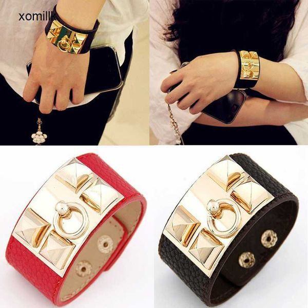 

hermm designer bracelet fan jiepai fashion personality metal buckle texture rivet punk style leather wide bracelet, Black