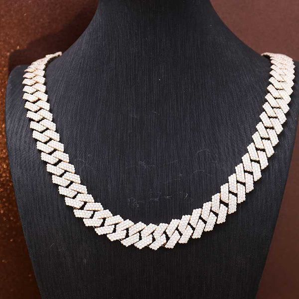 

luxury solid gold 15mm 3 rows vvs pass tester moissanite cuban chain ice out hip hop jewelry necklace, Silver
