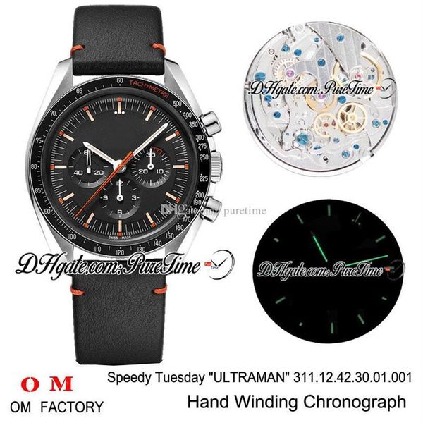 

omf moonwatch speedy tuesday 2 ultraman manual winding chronograph mens watch black dial black leather strap edition new pure238l, Slivery;brown