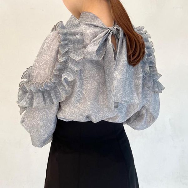

Women's Blouses Stand Collar Lace Up Bow Blusas Mujer Ruched Ruffles Long Sleeve Shirts Elegant Shirt Tops Spring Clothes Women, Gray