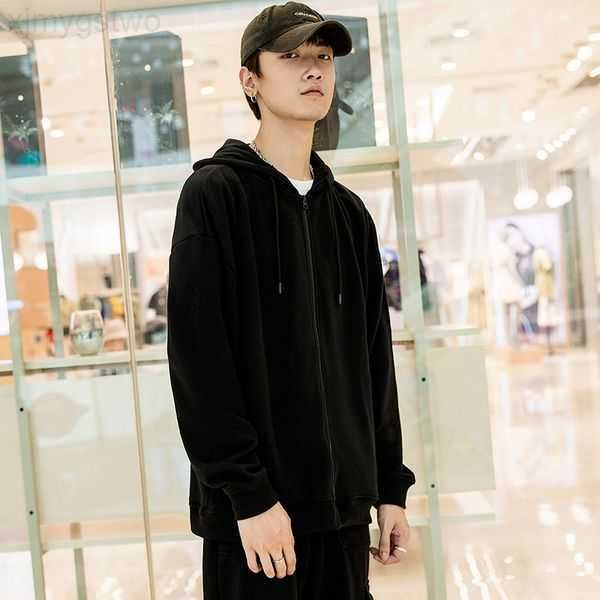 

autumn casual fashion solid color mens hoodies loose long sleeved clothes without printing three colors streetwear 3j31v85w0, Black