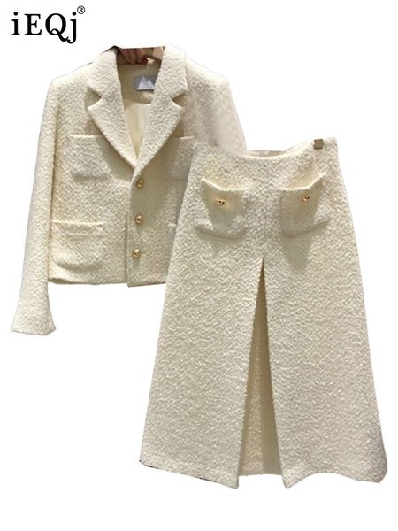 

two piece dress ieqj vintage tweed 2 pieces set for women notched short coat high waist split mid length skirts spring clothing 3w6873 23042, White