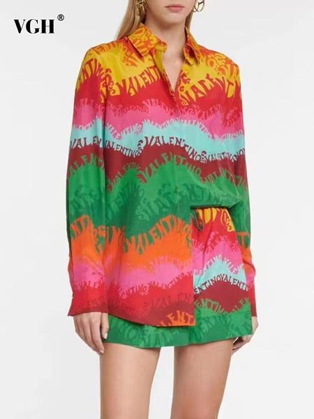 

dress vgh casual colorblock two piece set for women lapel collar long sleeve high waist shorts print sets female spring clothing, White