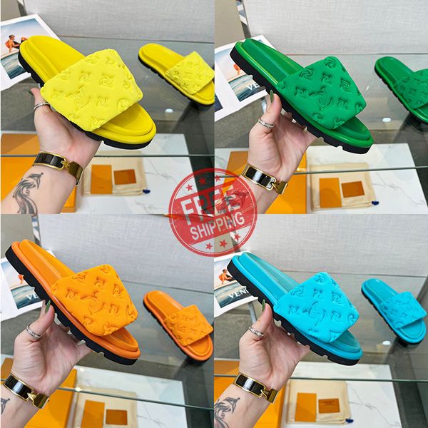 

2023 pool pillow classic womens slippers luxe flat slide slippers sandal striking gladiator leather outsole flat chain slipper slides canvas, Black