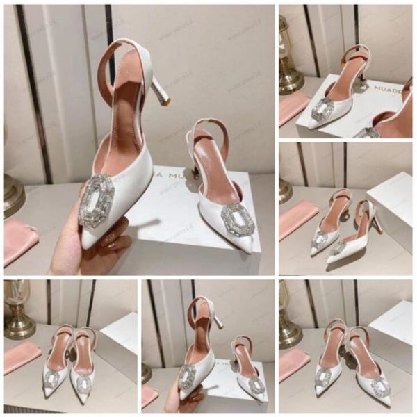 

amina muaddi womens sandals leather sole designer high heels 10cm diamond chain decoration banquet women shoes silk wedding formal slippers, Black