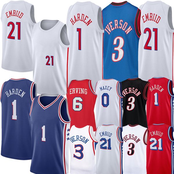 

#21 joel embiid basketball jersey #1 harden 0 tyrese maxey allen iverson julius erving throwback 2023 city edition retro shirt jerseys, Black;red