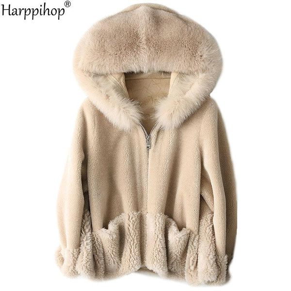 

fur harppihop real sheep fur coat jacket overcoat women's winter warm genuine fur coats overcoat, Black