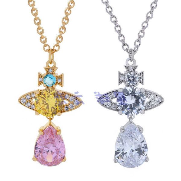 

designer vivians necklace western empress dowager full diamond saturn hanging large diamond water drop necklace shiny luxury elegant tempera, Silver