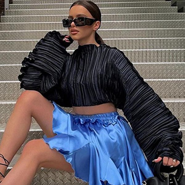

t-shirt fashion pleated women t shirts autumn winter long sleeve green cropped black o neck loose casual short tees streetwear, White