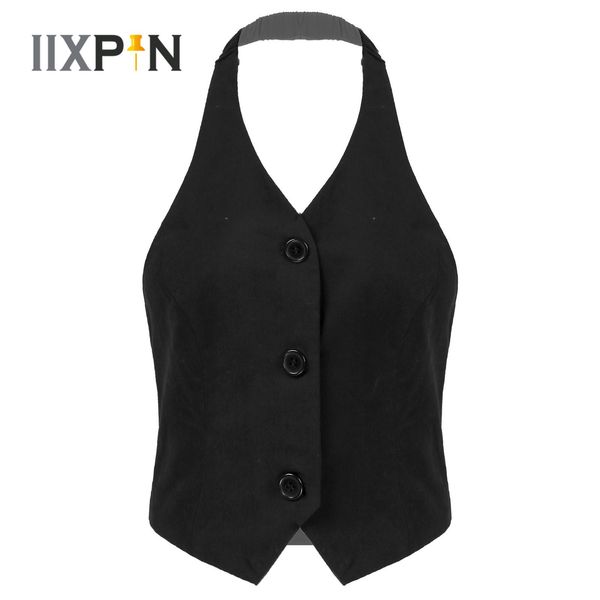 

vests women backless button down vest halter sleeveless female vests female elegant ladies workwear, Black;white
