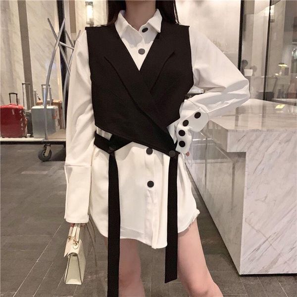 

vests cross straps original design vest sleeveless jacket women's contrast button white shirt fashion korean, Black;white