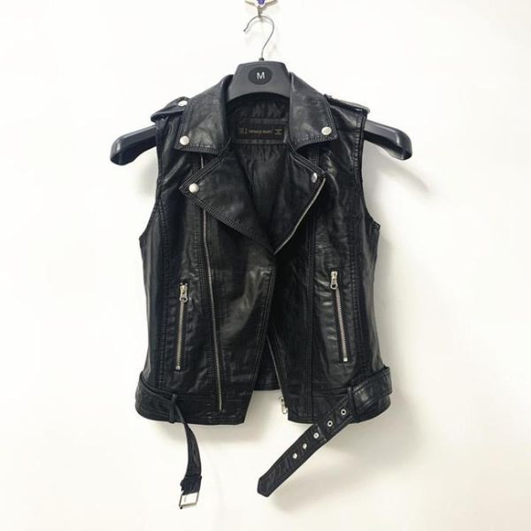 

vests woman black leather vests autumn winter zipper motorcycle biker pu leather jackets ladies all match pu leather waistcoat a179, Black;white