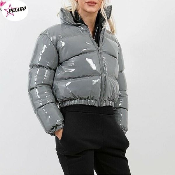 

leather autumn winter women bright pu puffer jackets warm bubble coat down parka outcoat zipper jacket pink cute cropped parka xxl, Black