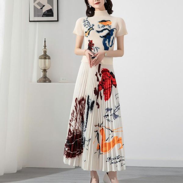 

dress summer women pleated suit half turtleneck short sleeve pullover and high waist pleated skirt printed hem skirt elegant suit, White