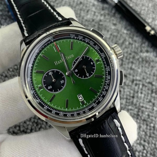 

new 1884 mens watch montre de luxe vk movement wristwatches chronograph green dial steel case black leather strap business metal w1820, Slivery;brown