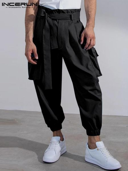 

pants fashion casual style new men's solid color pocket trousers streetwear male loose comfortable long belt pants s5xl incerun 2022, Black