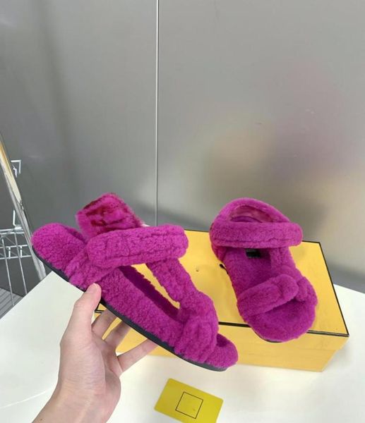

feel 2022 open toe fur womens designer sandals slides for women thick sole sticky buckle wool flat summer fashiontrendy plush casu6609167, Black