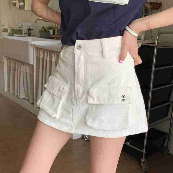 

women's jeans designer work style half skirt for women 23 spring/summer new pocket letter decoration high waisted a-line denim short pa, Blue