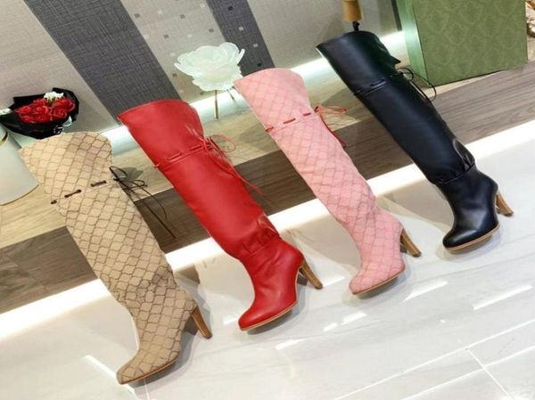 

high heeled long boots autumn winter coarse heel women shoes real leather zipper letter lace up tassel boot designer shoe lady hee8862497, Black