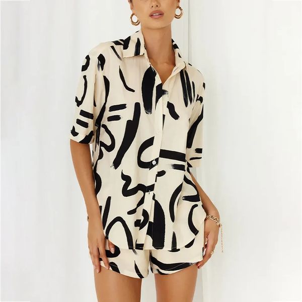 

women's tracksuits outfit shorts and shirt pattern print two-piece summer 2023 2-piece shorts set, Gray