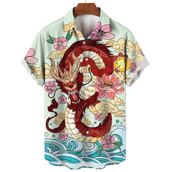 

men's casual shirts summer dragon pattern element street costumes skeleton luxury floral social masculina hawaiian short sleeve shirt 2, White;black