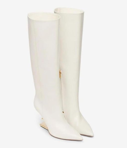 

winter first women tall boots black white leather fshaped sculpted heels pointed toe lady booties zipper over knee boot eu3543 o7326274