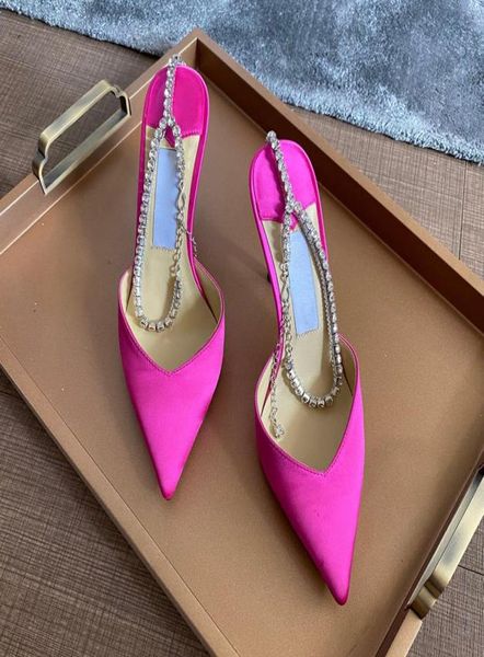 

designer women high heel 85cm sandals rose pink satin silk upper genuine leather sole pointed toe pump crystal chain decoration w9036843, Black