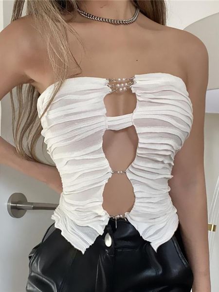 

tanks tossy women sleeveless strapless cut out cropped hollow out ruched camis tube summer fashion high street wear y2k, Black;white