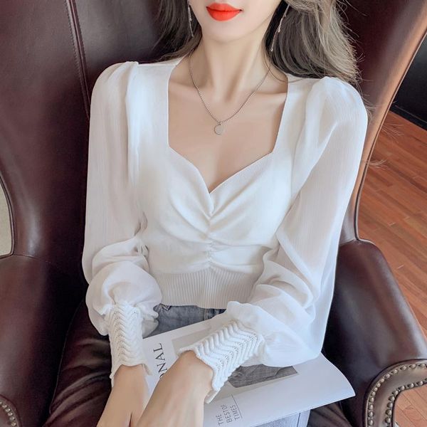 

t-shirt fashion women's wrinkle vneck long sleeve knitted spring elegant ladies white knitwear solid slim pullover female clothing