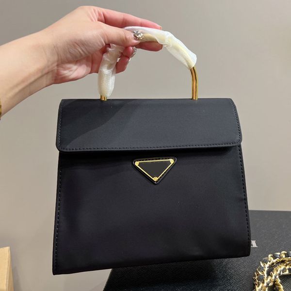 

women fashion nylon handbag designer tote bag with enameled metal triagle gold metal handle removable matelasse chain shoulder purse luxury