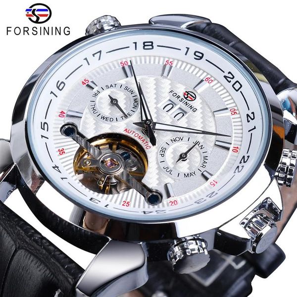 

forsining white tourbillon mechanical men watches automatic calendar skeleton genuine leather belts wristwatch relogio masculino278v, Slivery;brown