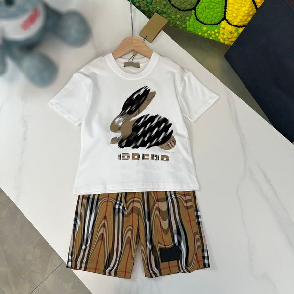 

boys white rabbit designer sports sets brand children t shirts with plaid shorts two pieces sets high end kids summer tracksuits 2023ss chil