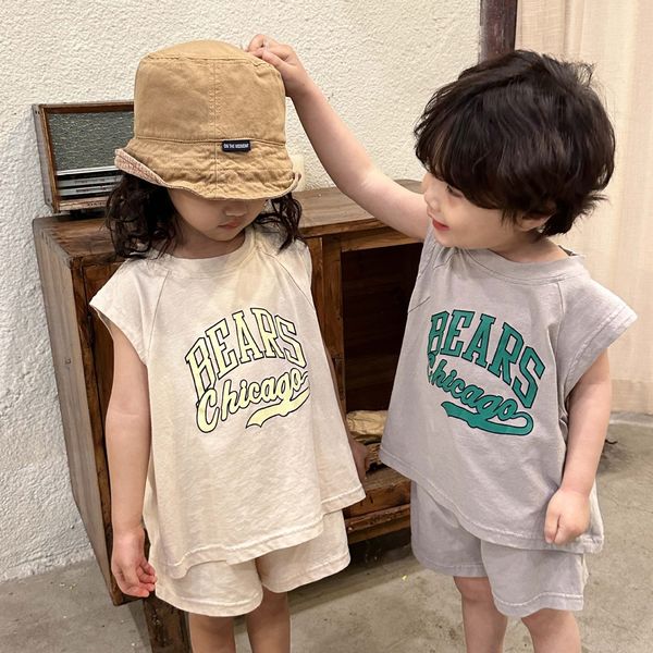 

clothing sets summer cool boys thin breathable vest fashion letter t shirt children girl cotton solid loose shorts tracksuit 230420, White