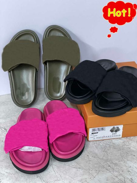 

women sunset flat comfort mules padded front strap slippers designers pool pillow flat mules fashionable easy-to-wear style slides with box, Black