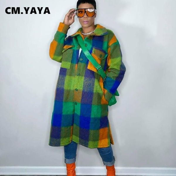 

fur cm.yaya women plaid single breasted long sleeve turndown neck shirt style long wool and blends outcoat and jackets, Black