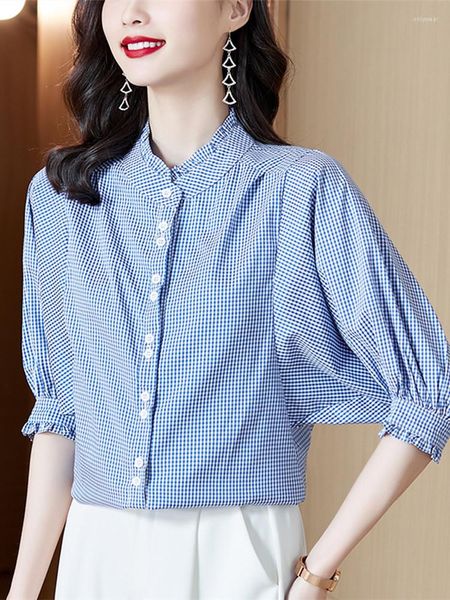 

Women' Blouses Fashion Women Shirts Vintage Stand Collar Blue Plaid Shirt 2023 Summer Basic Half Button Ladies Tops Lantern Sleeve