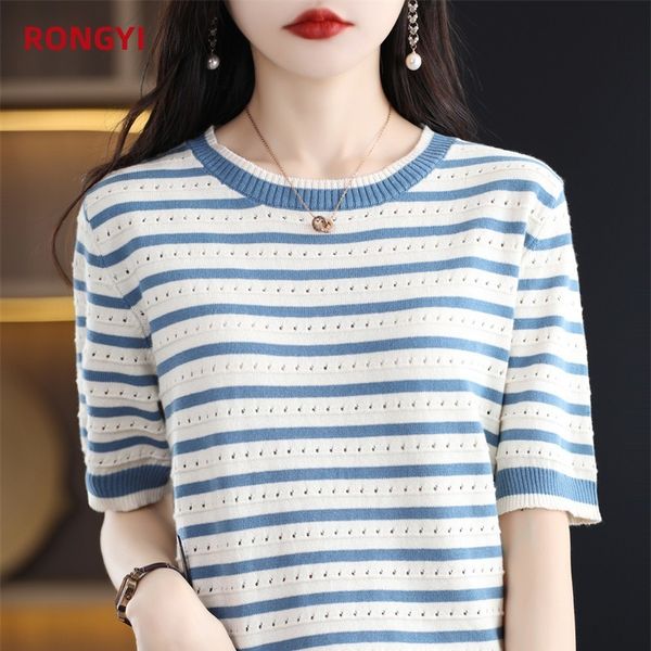 

women's t-shirt rongyi summer cotton short-sleeved t-shirt women knitted round neck striped half-sleeve t-shirt simple loose women 2304, White