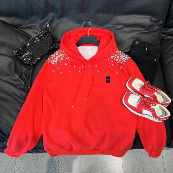 

women's hoodies & sweatshirts designer sweet style hooded sweater 2023 early spring new shoulder austrian rhinestone patch brushed lett, Black