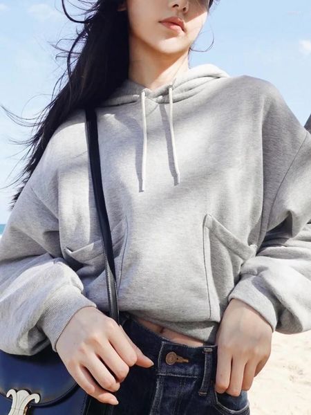 

Women' Hoodies 2023 Grey Casual Hoodie Ladies Long Sleeve All-Match Double Pockets Short Hooded Sweatshirt For Fall Winter