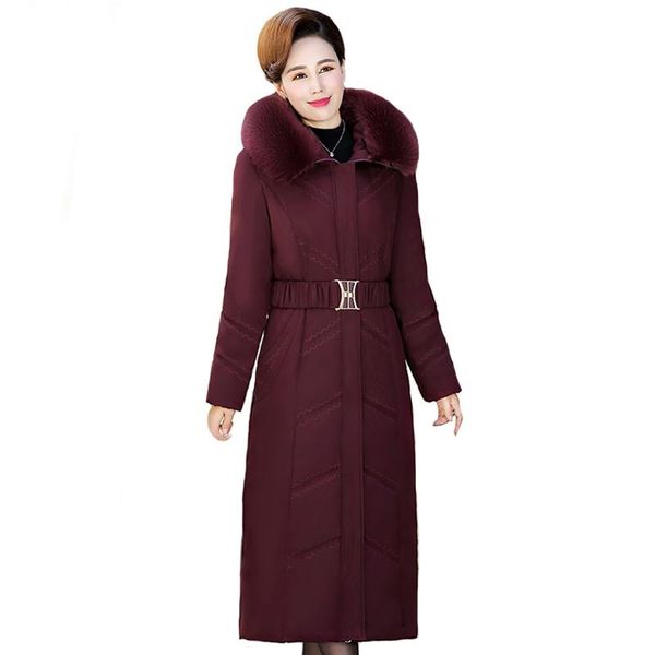 

leather xlong winter jacket women parkas hooded fur collar middleaged women's down cotton jacket winter coat with belt, Black