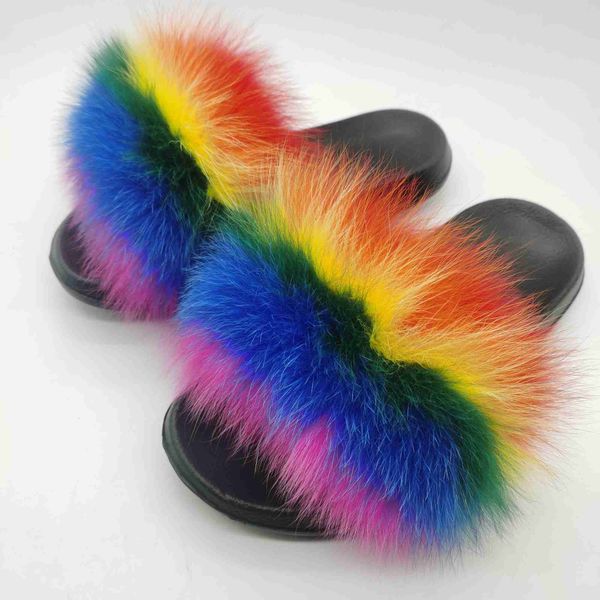 

sandals women summer fashionable rainbow fur slides plush fuzzy slippers furry sandals amazing shoes big size us 11 230417, Black