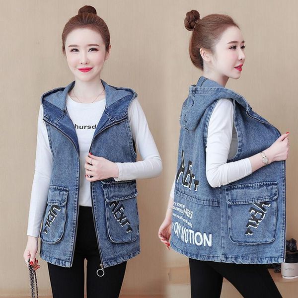 

vests 2022 denim vest women jacket coat girl clothing korean spring new woman hooded jacket denim jeans vest, Black;white