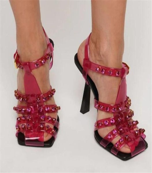 

designer gladiator sandal summer transparent sandals fashion high heels square toes rivet rhinestones pumps wedding party shoes on8850489, Black