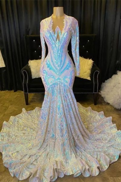 

stunning sequined long sleeves mermaid prom dresses v neck petal flora black girls prom evening party gowns dress plus size bc14411