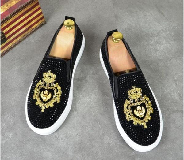 

new dandelion spikes flat leather shoes rhinestone fashion men embroidery loafer dress shoe smoking slipper casual diamond 38441081203, Black